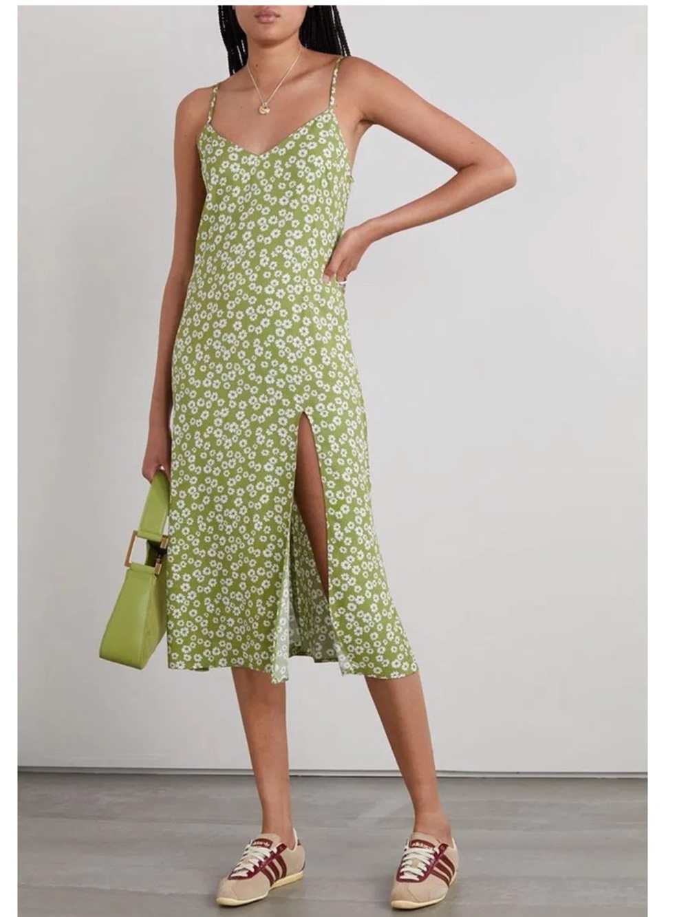 REFORMATION Crimini Floral  Crepe Midi Dress In Green and White Floral size 10